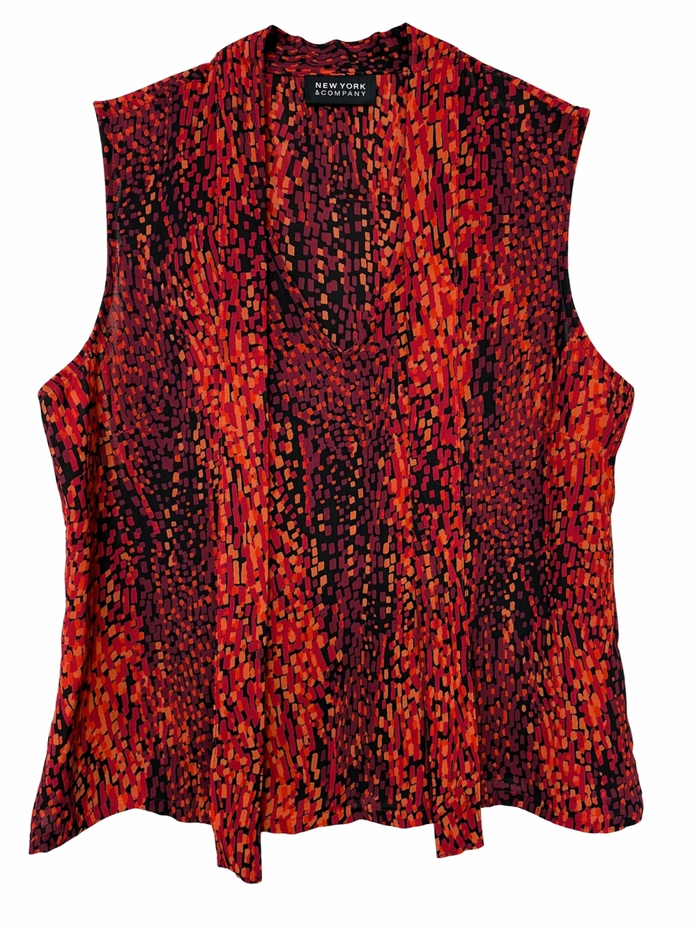 New York & Company Red and Orange Patterned Sleeveless V-Neck Top